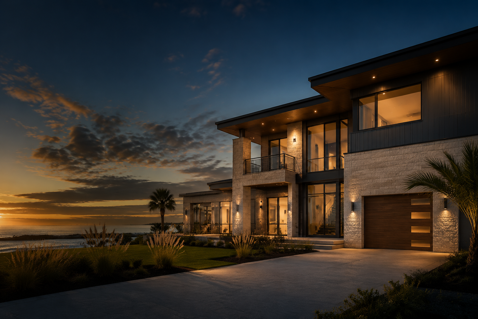 Modern custom home at sunset